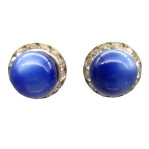 Vintage Crystal Halo Moonglow Button Earrings, Screw Back 1940s Glam, Sapphire